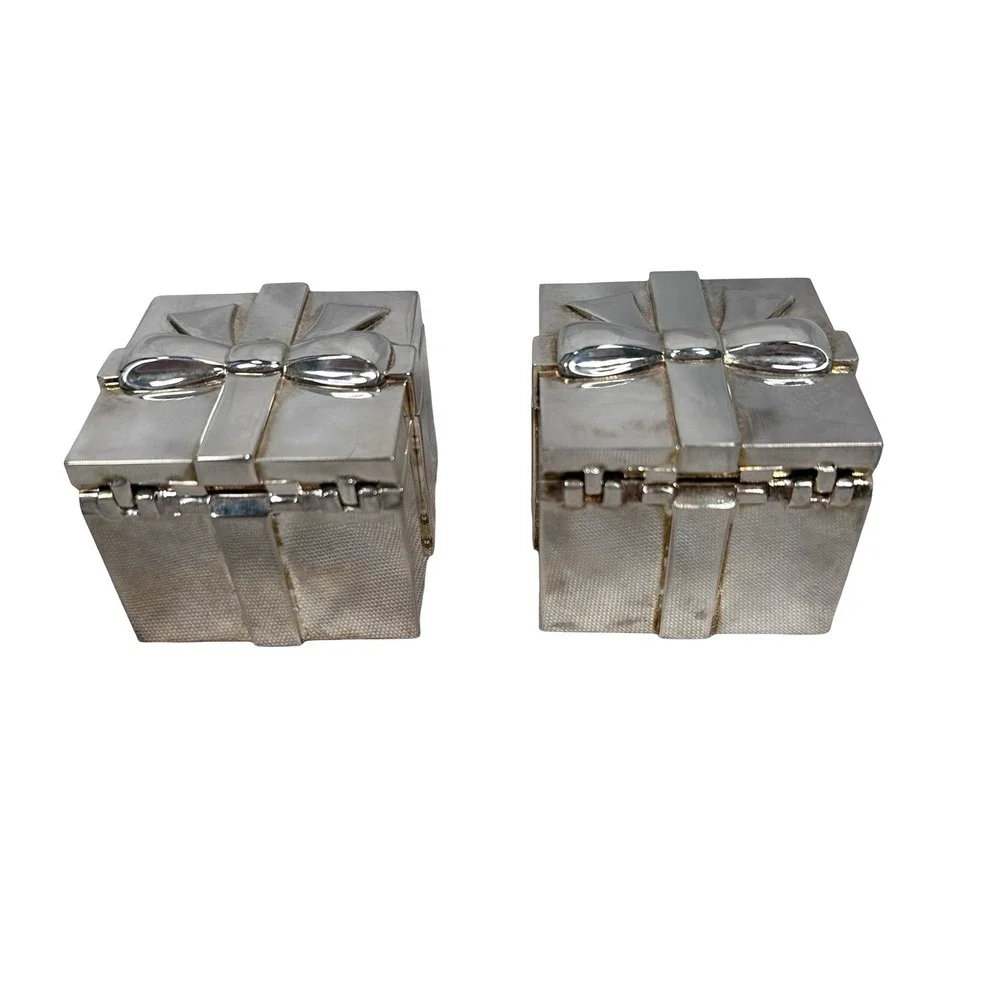 Pottery Barn‎ Silver Gift Box Tealight Candle Holders Pair Hinged Bow Detail
